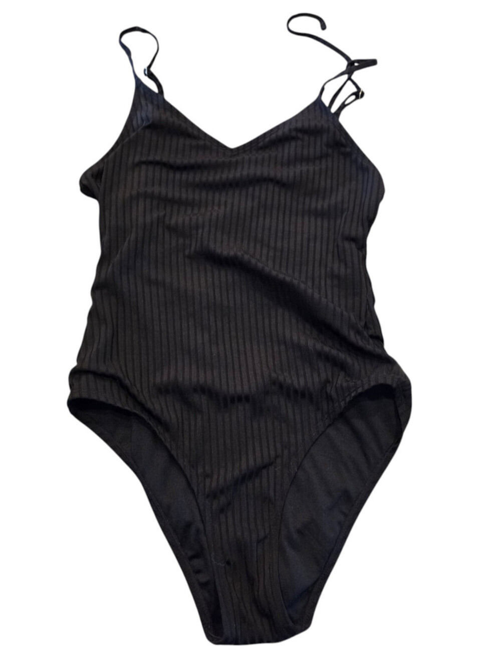 True Craft Womens Sz M One Piece Swimsuit Solid Black Strappy Ribbed V Neck